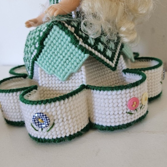 Vtg Handmade Plastic Canvas Table Top Doll Floral W/Organization Trinket Holder - Picture 4 of 13